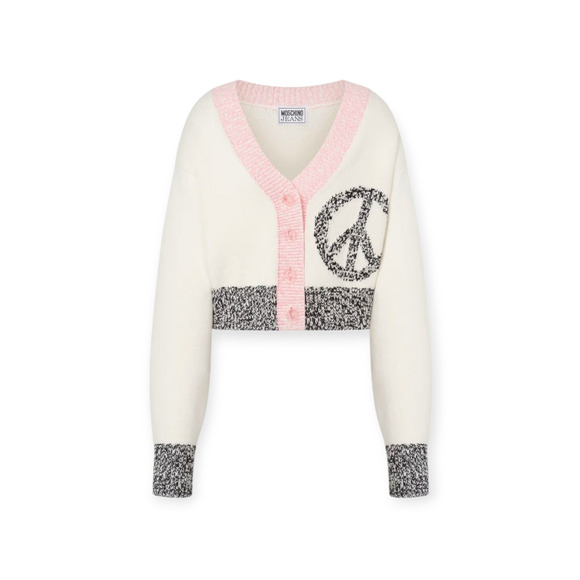 Moschino Jeans Contrast Peace Symbol Intarsia Cotton and Nylon Cardigan Size XS - Picture 1 of 12